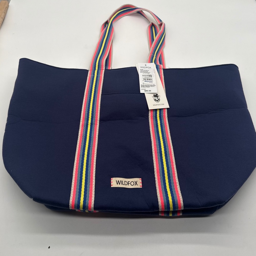 Wildfox Navy Neoprene Tote Bag Striped Straps Zipper Top NWT